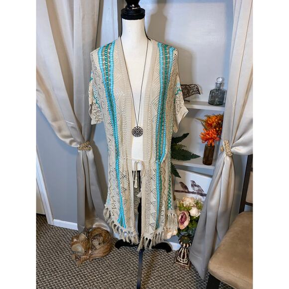 NWT $109 Chico’s 1 Medium Teal Tan Fringe Open Cardigan SS Pattern w/Necklace - Picture 1 of 12